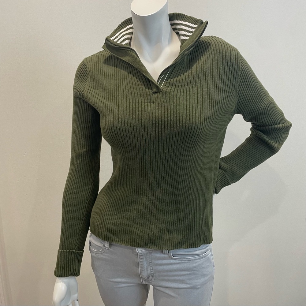 POLO RALPH LAUREN Vintage Olive Green Quarter Zip Flag Logo Ribbed Sweater